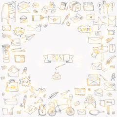 Hand drawn doodle Postal elements icon set. Vector illustration. Isolated post symbols collection. Cartoon various mail element: letter, envelope, stamp, post box, package, delivery truck, pigeon.