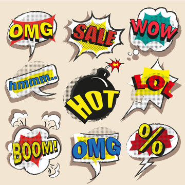 Vector pop art comic speech bubble set with abbreviations