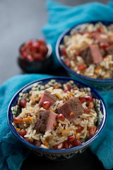 Close-up of georgian style pilaf with beef meat and pomegranate, selective focus