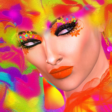 Face of beautiful woman in 3d render. Colorful makeup and abstract background create modern portrait. 