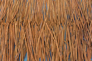 Fresh Cinnamon sticks out in the street drying in the midday sun. Viewed from above.