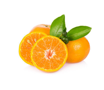 Half of orange fruit and leaf with young orange isolated on white background, Sai Nam Phueng orange of Thailand.