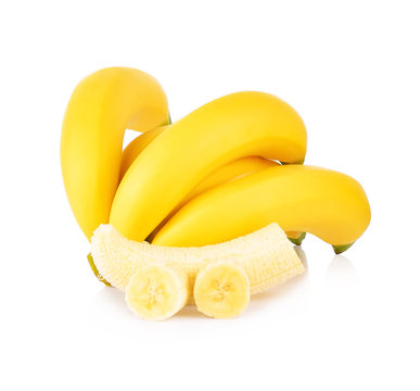 bunch of banana fruits. Peeled cut bananas isolated on white background