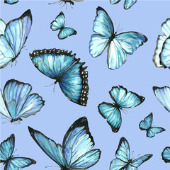 Pattern of blue butterflies on a blue background. Figure handmade painted watercolor on paper