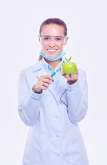 Dentist medical doctor woman hold green fresh apple in hand and tooth brush