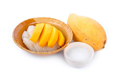 mango and sticky rice on white background