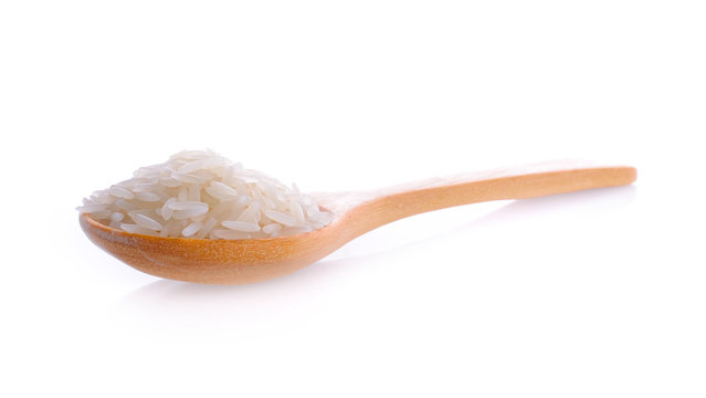 Wooden Spoon With Rice On White Background