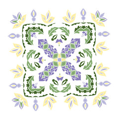 Hand drawing pattern for tile in blue, yellow and green colors. Floral square stencil