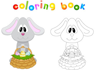 Cartoon easter bunny with eggs coloring book