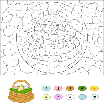 Cartoon basket with Easter eggs. Color by number educational game for kids