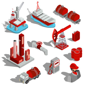 A set of isolated vector isometric illustrations, 3D icons of the oil industry.