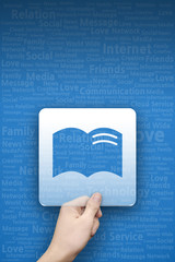 Book symbol on blue typography background