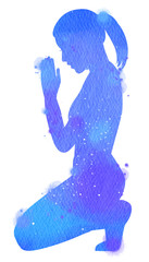 Watercolor of a girl praying or meditating. Digital art painting
