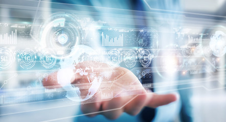 Hologram screen with digital datas used by businessman 3D rendering