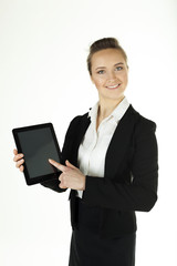 
Young  smiling business woman  with tablet  computer show at screen

