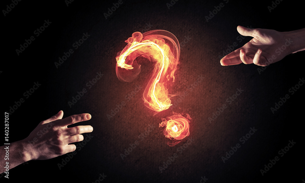 Poster concept of help or support with fire burning question mark and c