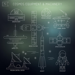 Vector set of space equipment, machinery. Observatory, rescue capsule, lunar rover, space city, station, satellite, mission control center, rocket, spacesuit in the dark. For poster, website, postcard © struvictory