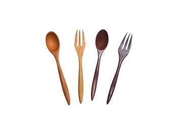 wood spoon and fork on white background