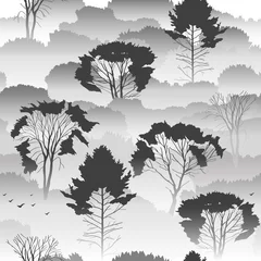 Fototapete Wald Nahtloses Vektorschwarzweiss-Muster. Draufsicht auf einen herbstlichen Wald mit Laubbäumen im Nebel. Über Umwelt, Natur, Reisen. Geheimnisvolle Landschaft.