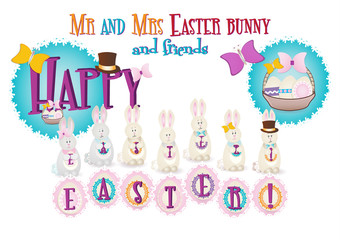 Mr and Mrs Easter bunny: Easter set includes different bunnies holding Easter eggs. Design elements: Easter eggs in a basket, butterflies, bow tie, ribbons, top hat. 