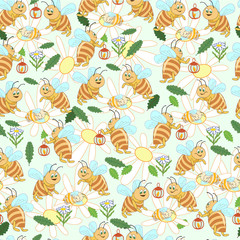 Pattern of families of bees and the baby sleeping on a flower