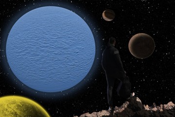 virtual reality space . Far-out planets nearby . Blue dwarf planet . 