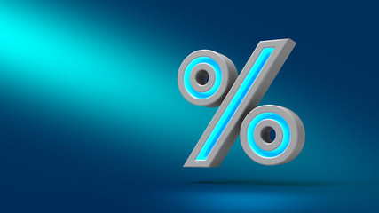 3D rendering neon percent sign isolated on blue background.