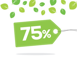 Green price tag label with 75% text and stitches on it and with shadow on white background with leaves. For spring and summer sale campaigns.
