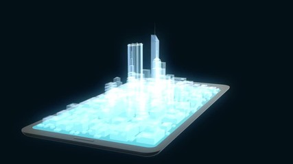 Technology device with abstract futuristic city hologram on screen. 3d buildings, skyscrapers in abstract style on black background. - Powered by Adobe
