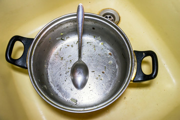 Unwashed pot with spoon is in the sink