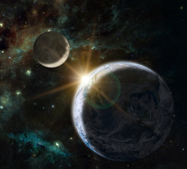 Fantasy composition of the planet Earth and his natural satellite the Moon on a background showing the Swan Winging in the Cygnus constellation. Elements of this image furnished by NASA.