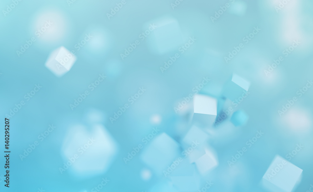 Poster abstract 3d rendering of chaotic cubes. flying shapes in empty space. dynamic background with bokeh,