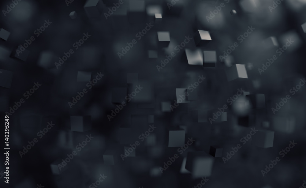 Poster abstract 3d rendering of chaotic cubes. flying shapes in empty space. dynamic background with bokeh,