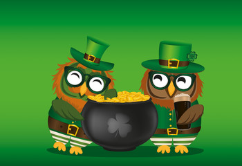 Two happy owls with a pot of gold coins in a national costume and glasses for St. Patrick's Day.