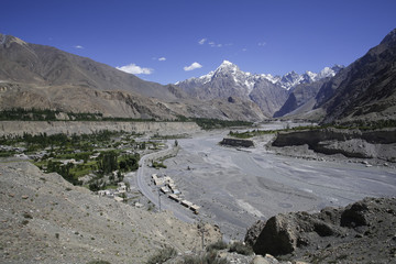 Karakoram range landscape. Sost Village in Gojal, Upper Hunza, Pakistan. on the Karakoram Highway