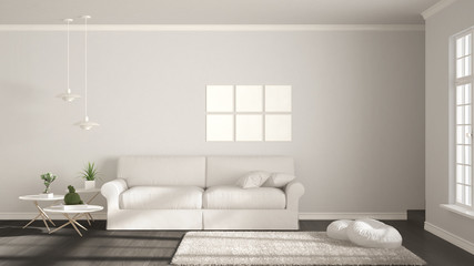 Minimalist room, simple white living with big window, scandinavian classic interior design