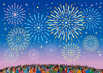 群衆、花火大会、花火と群衆、星と花火