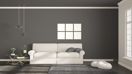 Minimalist room, simple white and gray living with big window, scandinavian classic interior design