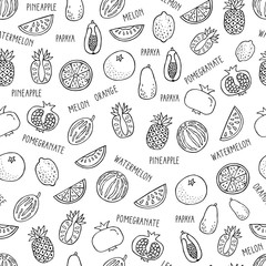 Seamless pattern with hand drawn exotic fruit on white background