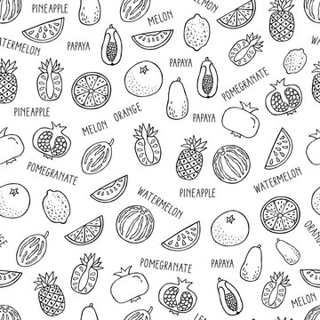 Seamless pattern with hand drawn exotic fruit on white background