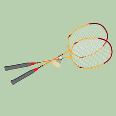 Vector badminton set. Classic wooden racquets rackets and a shuttlecock.