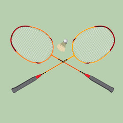 Vector badminton set. Classic wooden racquets rackets and a shuttlecock.