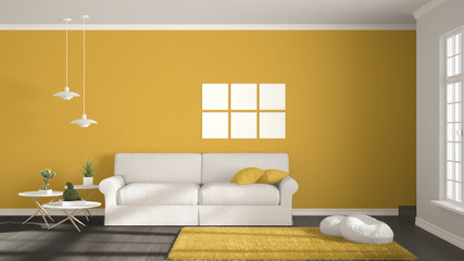 Minimalist room, simple white, gray and yellow living with big window, scandinavian classic interior design
