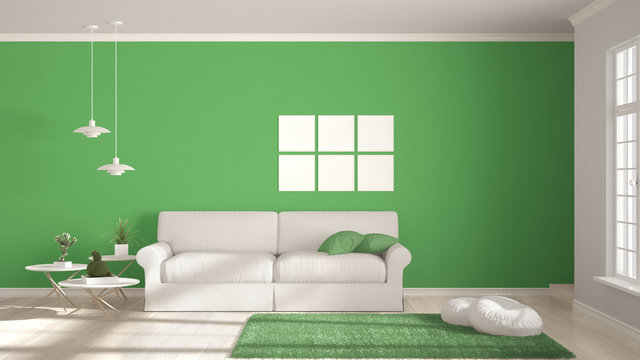 Minimalist room, simple white and green living with big window, scandinavian classic interior design