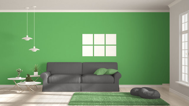 Minimalist room, simple white, gray and green living with big window, scandinavian classic interior design