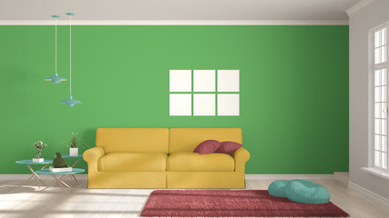 Minimalist room, simple white, colorful living with big window, scandinavian classic interior design