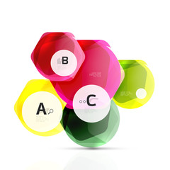 Glass color hexagons. Glossy plastic hexagon design with text