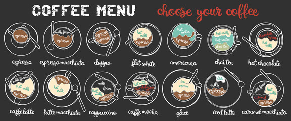 Coffee menu. Coffee set. Latte, cappuccino, espresso. Hot and cold drinks. Isolated vector objects on white background.