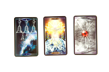 Tarot cards on white background. Quantum tarot deck. Esoteric background.