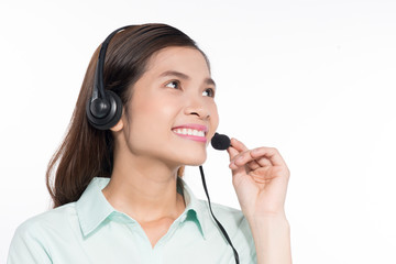 Portrait of happy smiling asian woamn support phone operator in headset